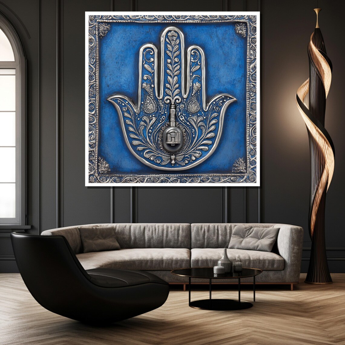Blue Hamsa Hand of Protection Ornate Spiritual Symbol Poster - Image 2