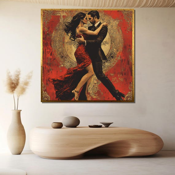 Romantic Tango Couple Painting Red And Gold Dance Wall Art For Art Lovers And Elegant Home Decor
