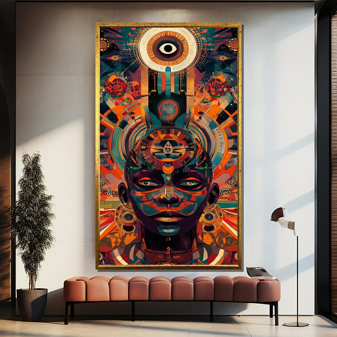 Afrofuturistic Portrait With Ornate Geometric Tribal Headdress Poster