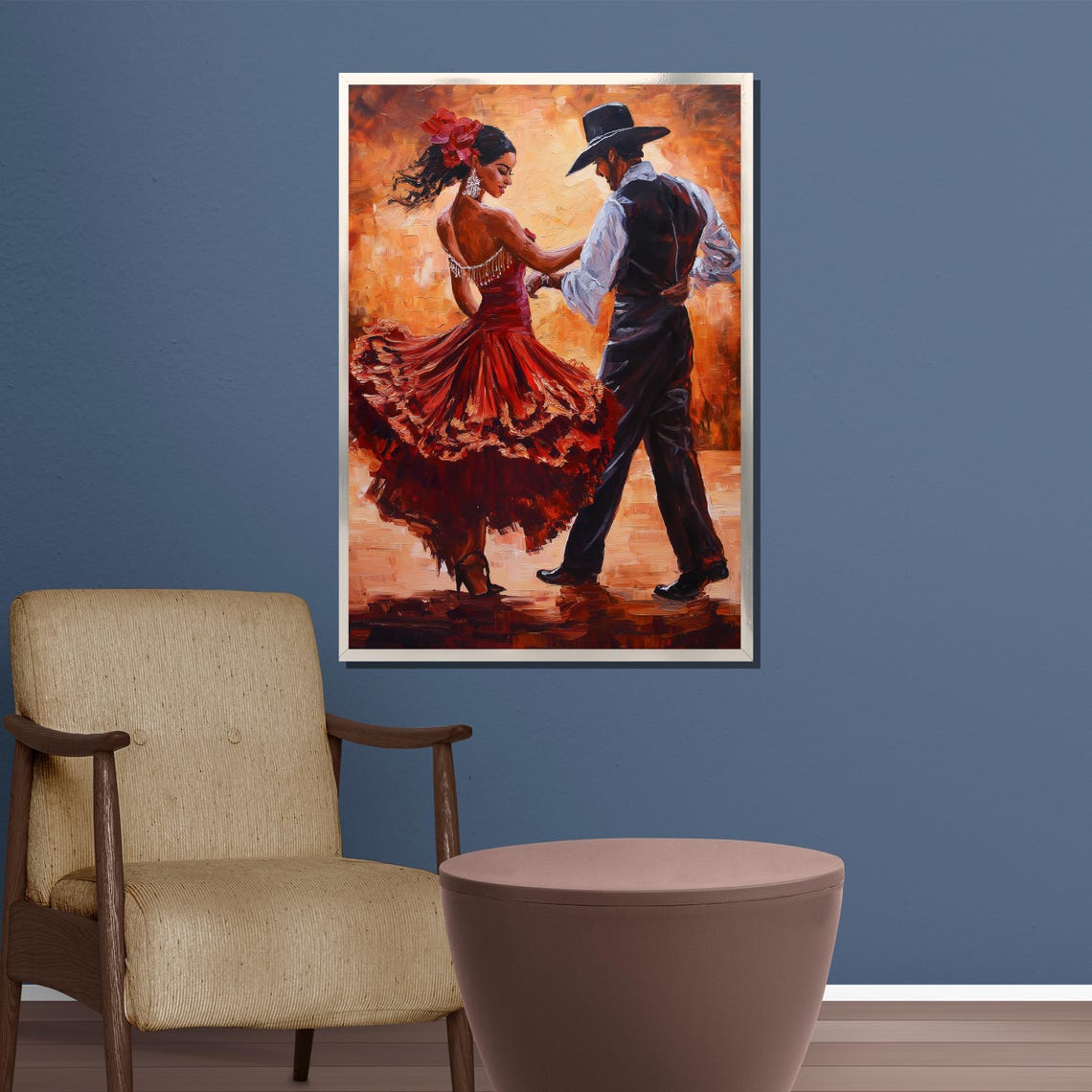 Passionate Flamenco Dancers in Red Dress Warm Oil Painting Poster - Image 3