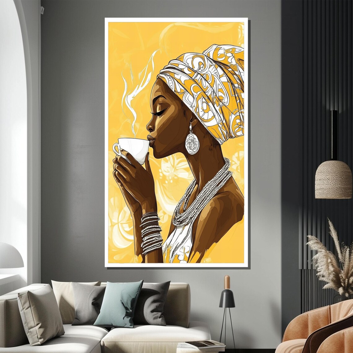 African Woman Sipping Coffee in Radiant Gold Modern Art Poster - Image 2