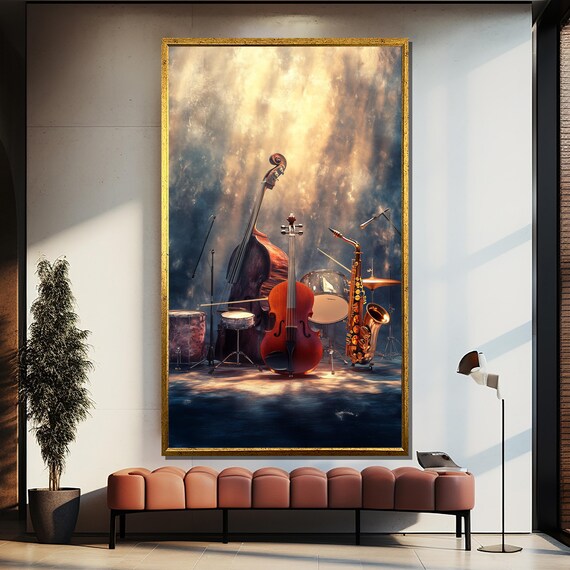 Classic Jazz Instruments Arranged on a Smoky Stage Spotlight Poster