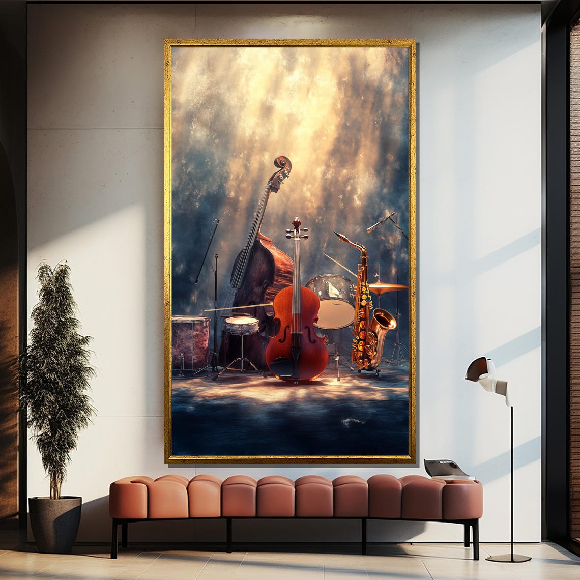 Classic Jazz Instruments Arranged on a Smoky Stage Spotlight Poster