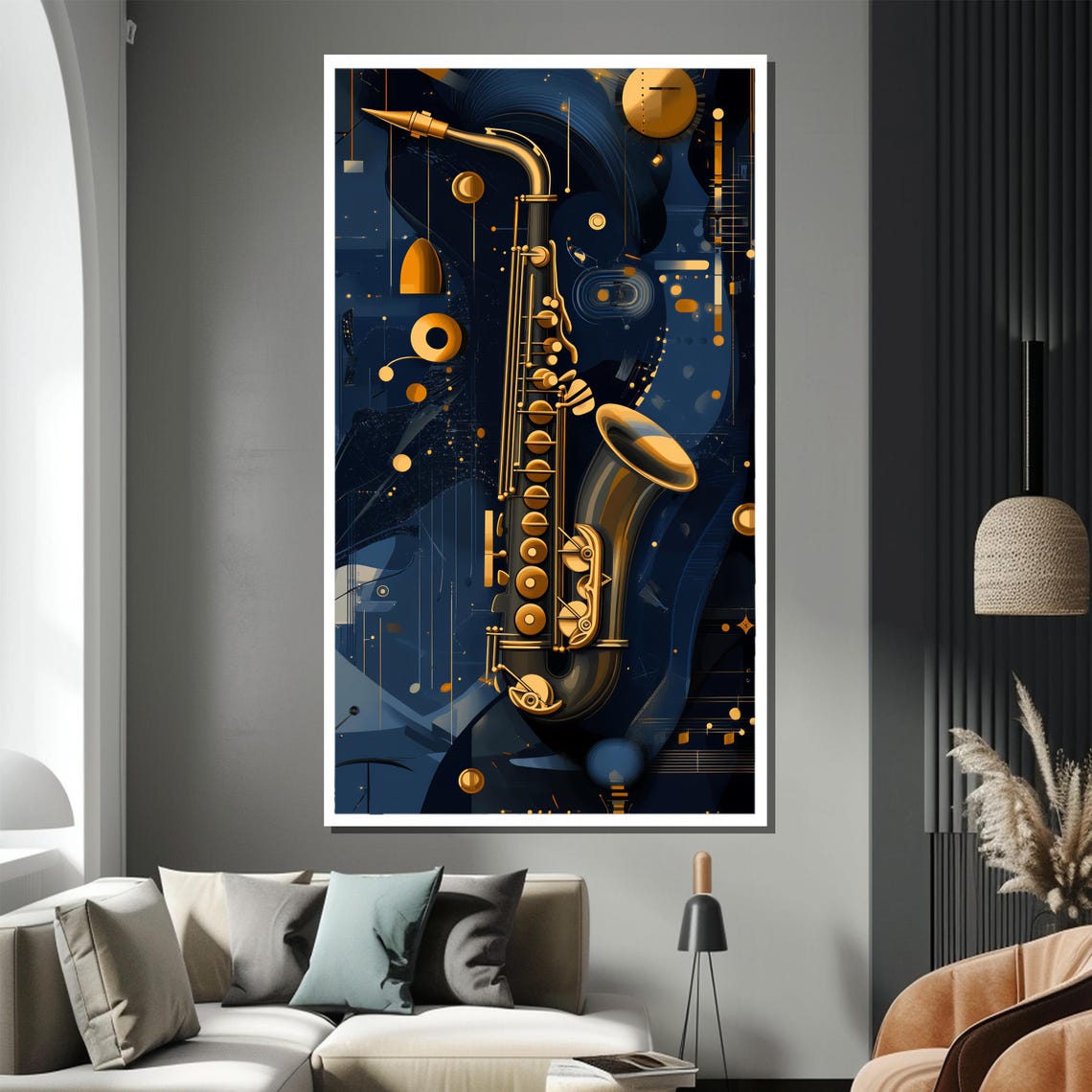 Golden Saxophone Floating on Midnight Blue Cosmic Modern Art Poster - Image 2