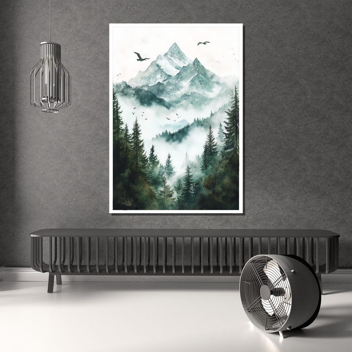 Misty Mountain Forest With Birds Watercolor Nature Art Poster - Image 2