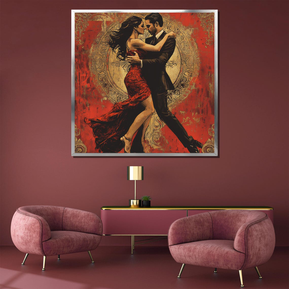 Passionate Tango Couple Dancing in Red and Gold Ornate Style Poster - Image 3