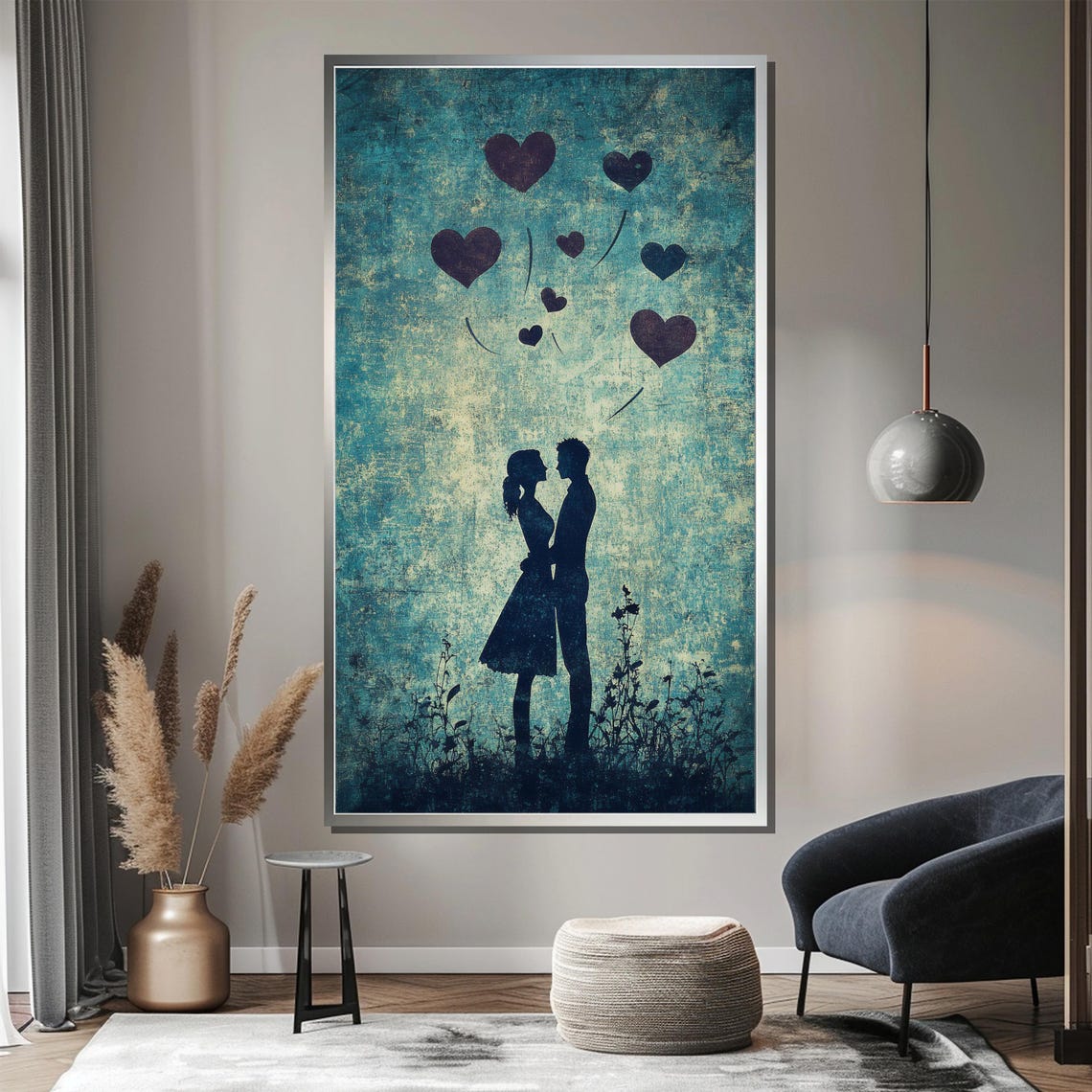 Couple Silhouette With Floating Hearts on Teal Blue Backdrop Poster - Image 4
