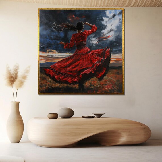 Woman Red Dress Stormy Sunset Field Twirl Painting Wall Poster