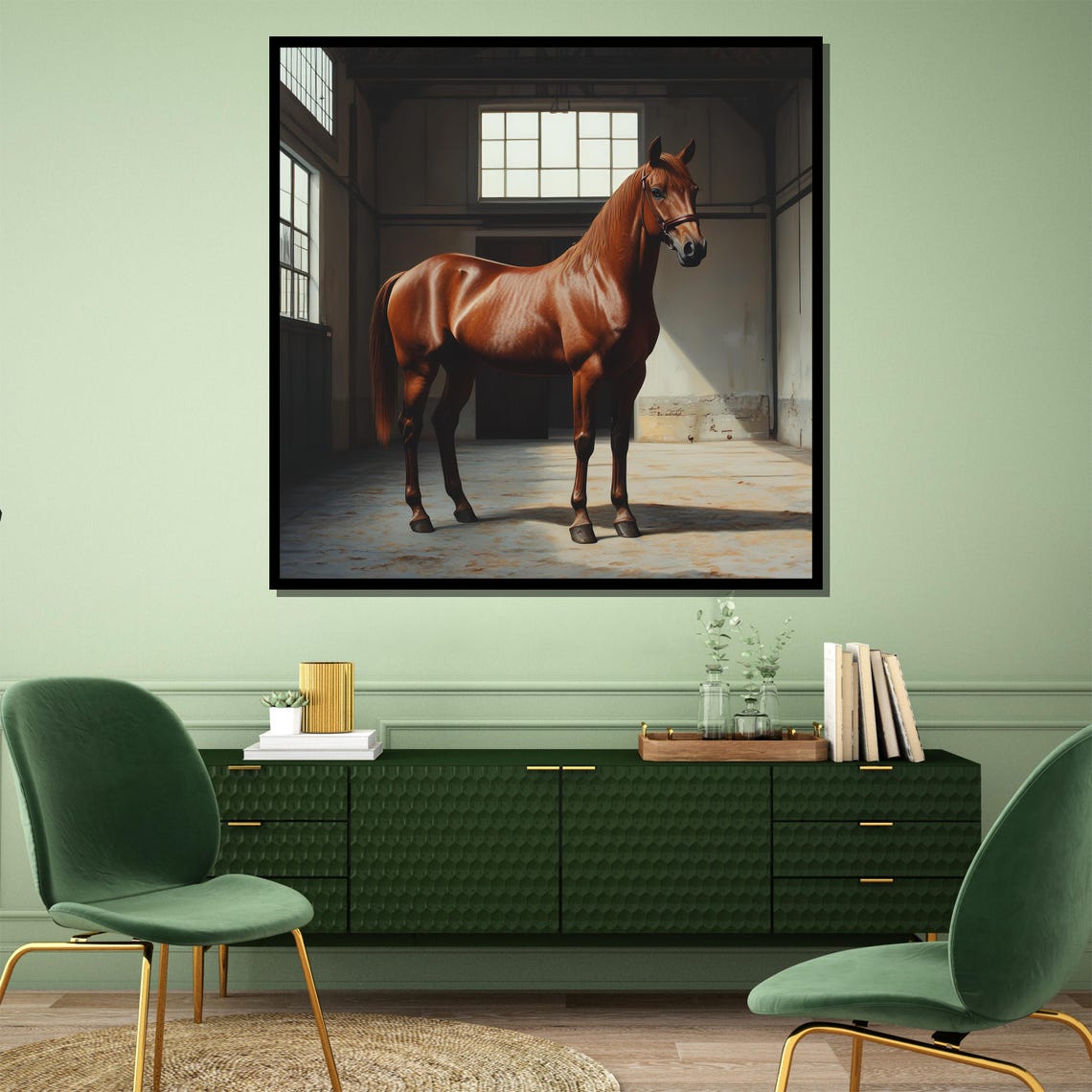Chestnut Horse in a Sunlit Stable Interior Realistic Equestrian Poster - Image 4
