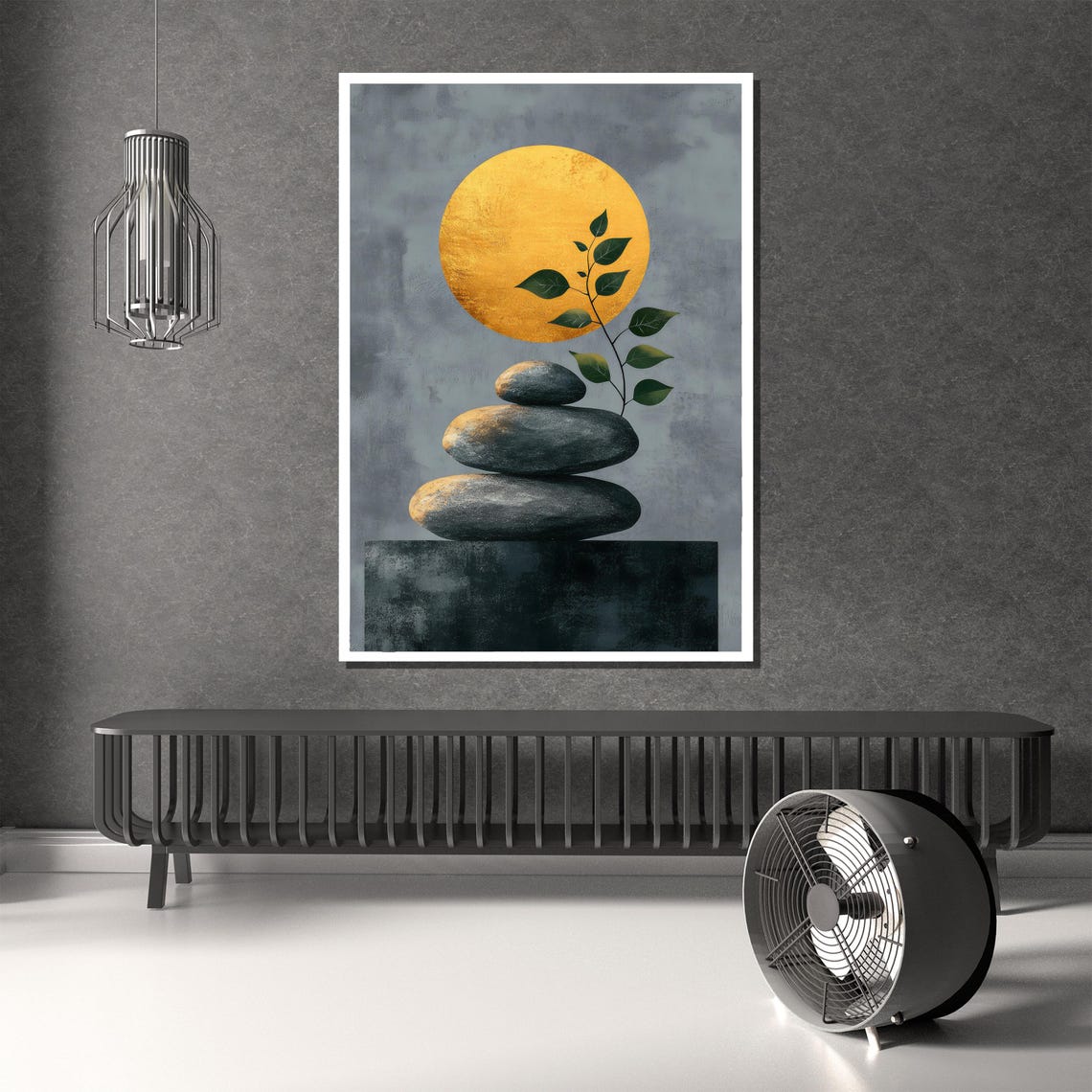 Modern Zen Painting Balancing Stones And Golden Moon Art Gift For Tranquil Home Decor And Meditation Spaces - Image 2