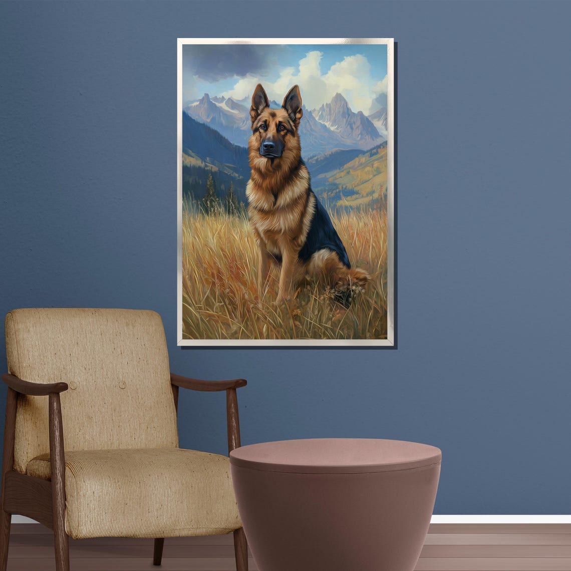 German Shepherd Sitting in a Wheat Field with Mountains Poster - Image 3