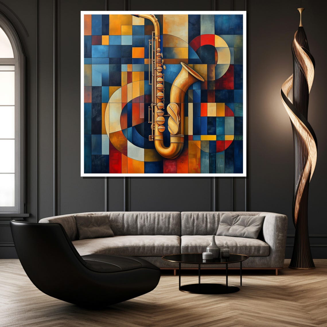 Colorful Geometric Saxophone Painting in Blue and Gold Poster - Image 2