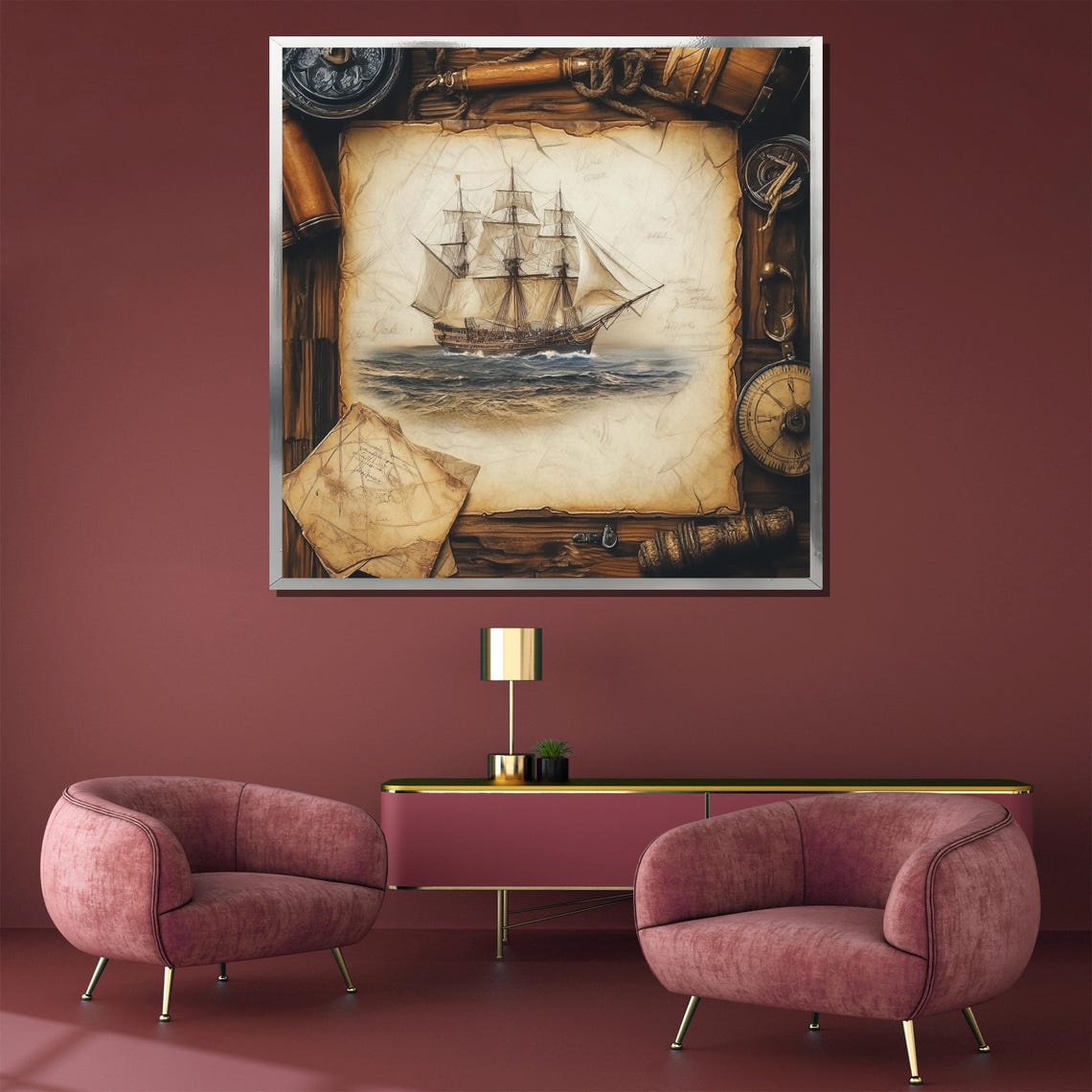 Vintage Tall Ship Parchment Map Telescope Compass Nautical Poster - Image 3