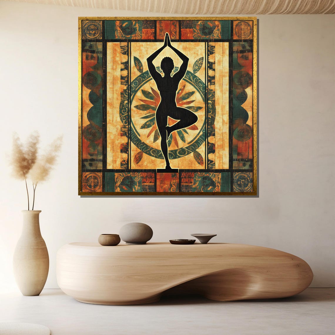 Tree Pose Yoga Silhouette on Warm Ethnic Batik Style Art Poster