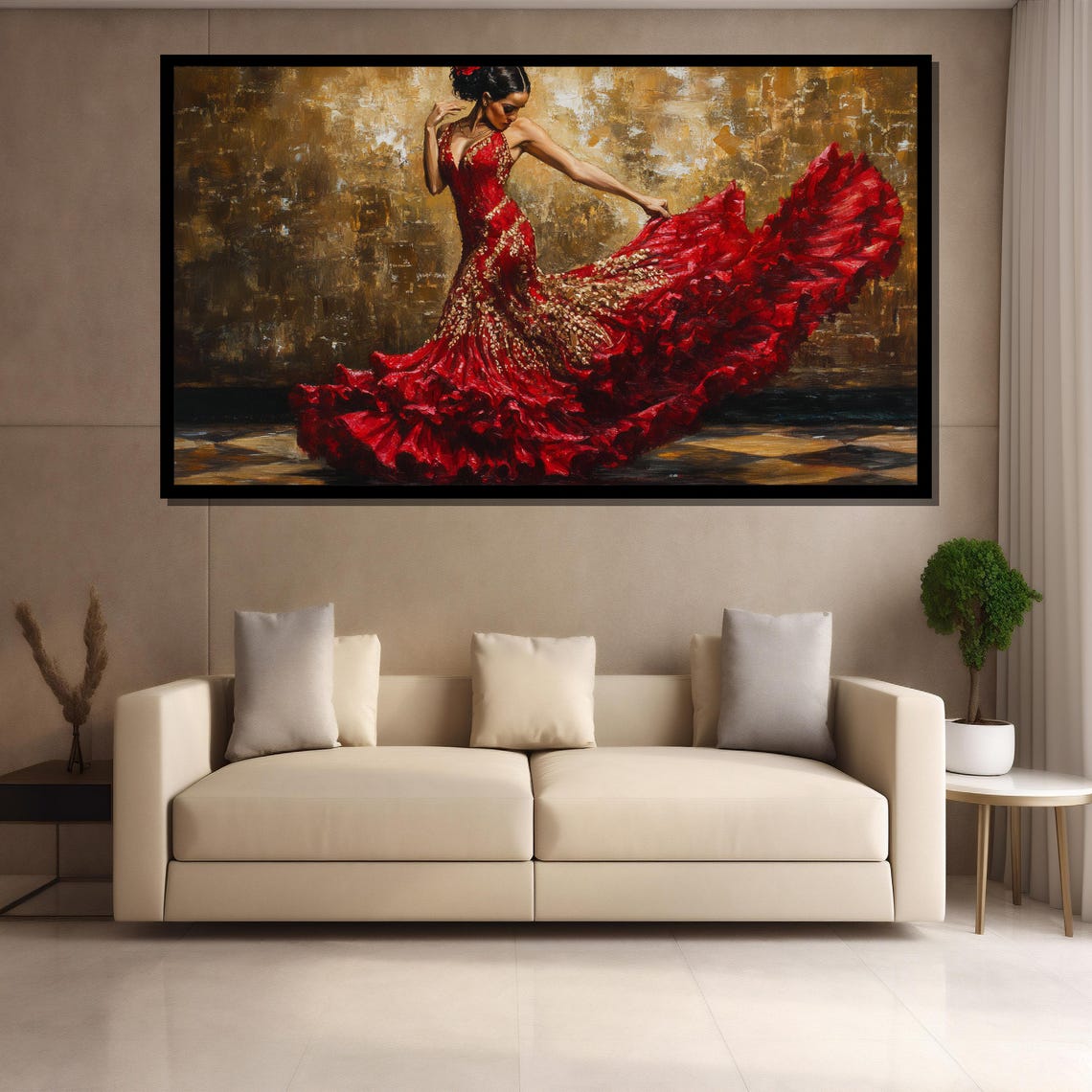 Flamenco Dancer in a Scarlet Ruffled Gown on Golden Canvas Poster - Image 4