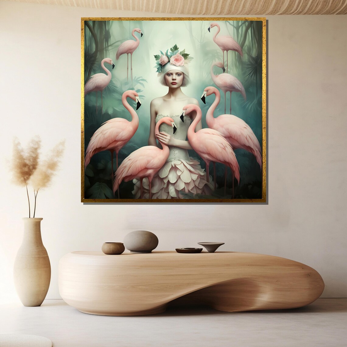 Whimsical Surreal Flamingo Woman Pink Birds Dream Art Poster