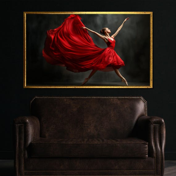Graceful Red Dress Ballerina Painting Elegant Wall Art Gift For Dance Enthusiasts And Modern Home Decor