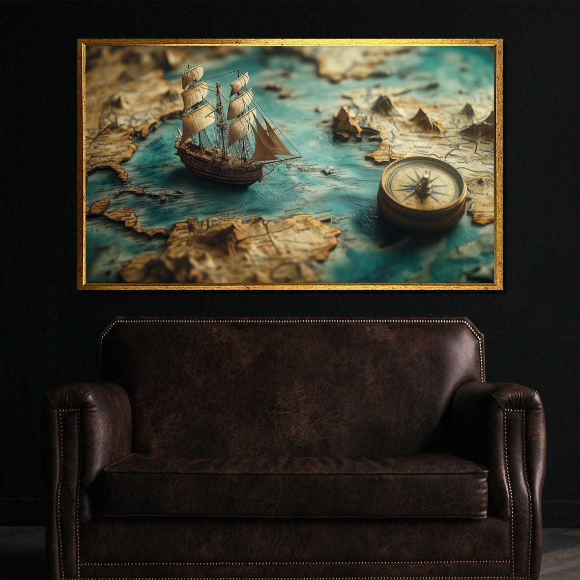 Antique Tall Ship Vintage World Map and Compass Nautical Poster