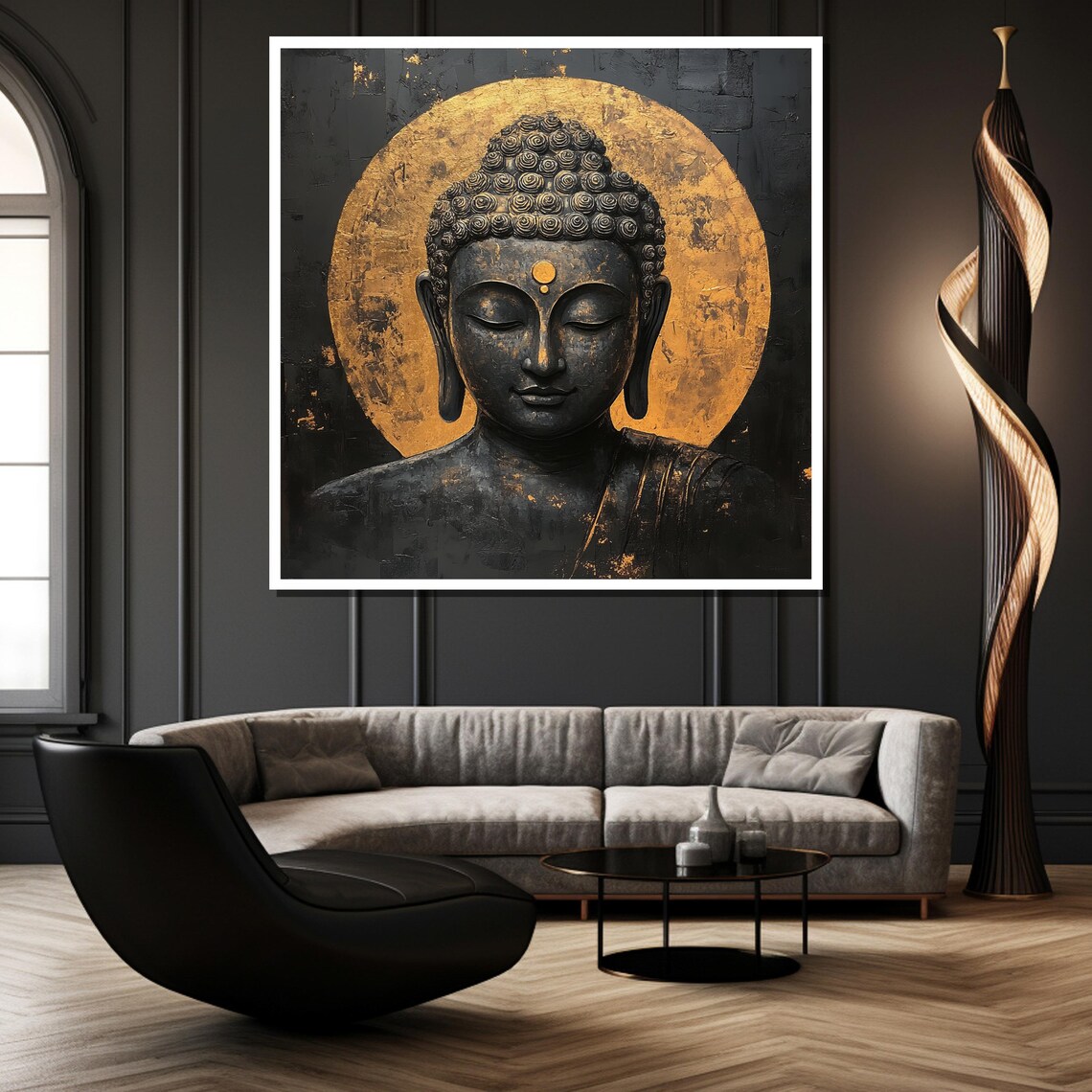 Black and Gold Buddha Head With Golden Halo Luxe Style Poster - Image 2