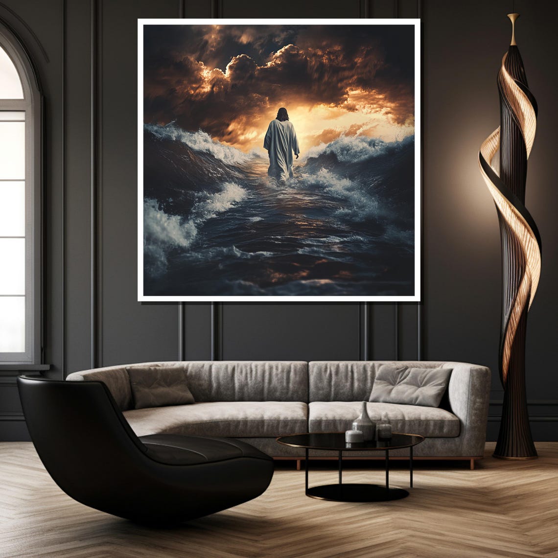 Jesus Walking on Water Stormy Sunset Dramatic Dark Clouds Poster - Image 4
