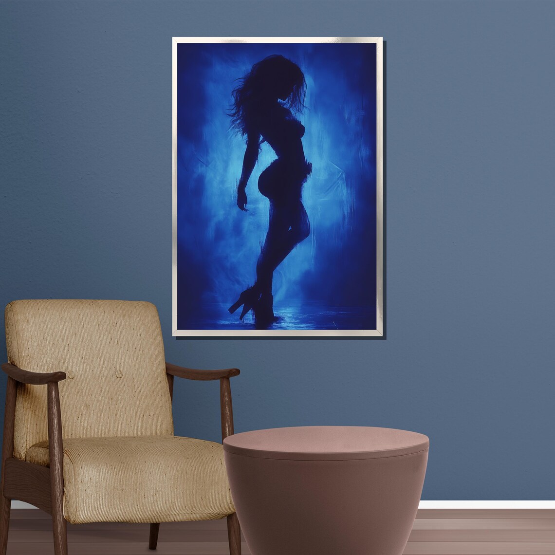Mysterious Seductive Blue Silhouette of a Woman in High Heels Poster - Image 3