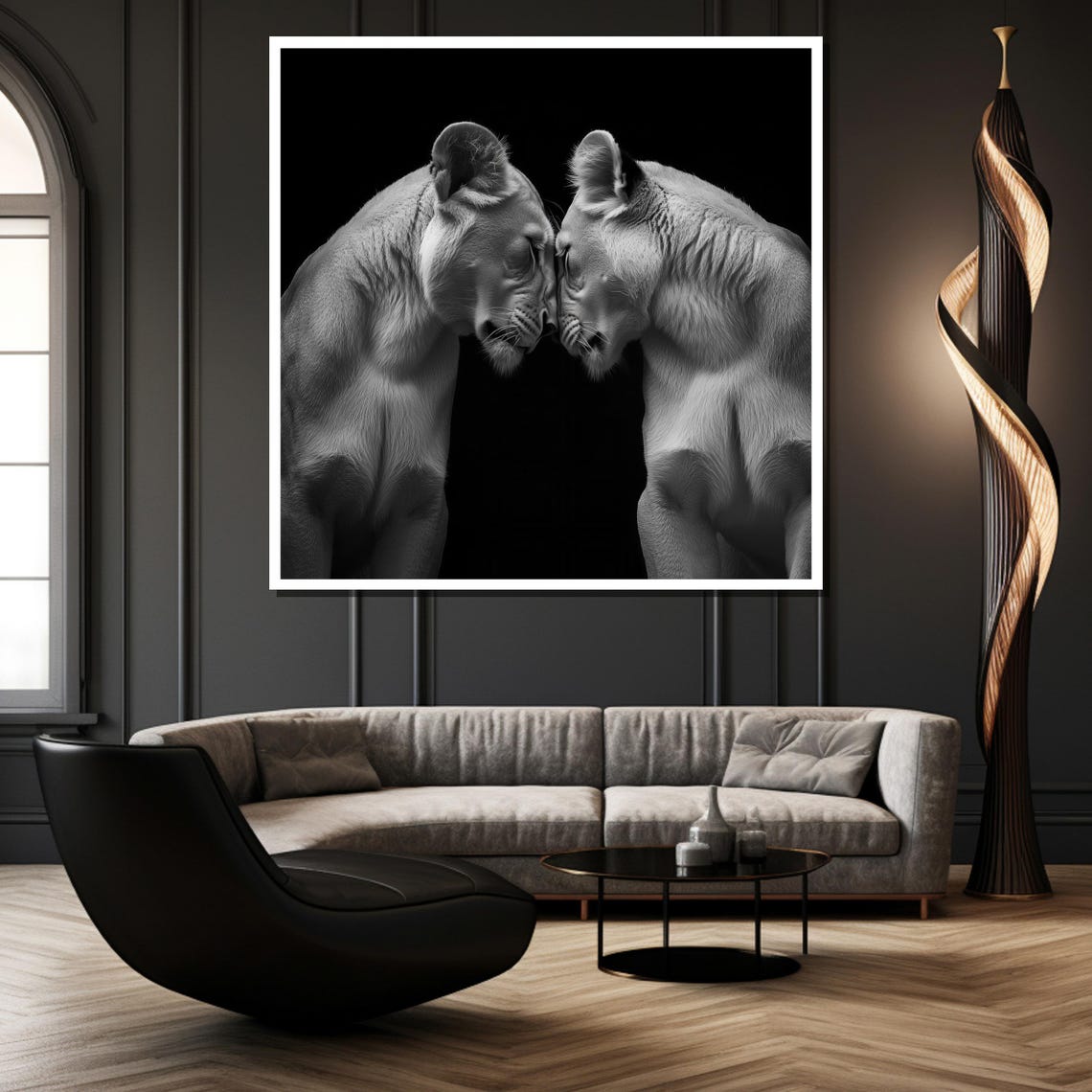White Lioness Duo Nose To Nose Striking Black Background Poster - Image 2