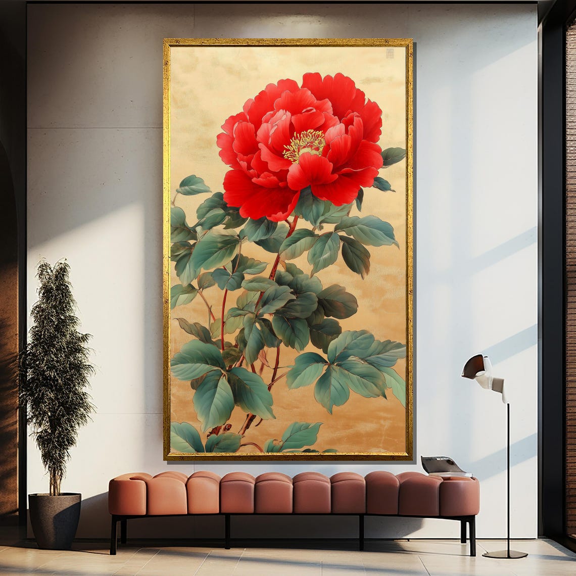 Majestic Red Peony Bloom on Shimmering Gold Leaf Botanical Poster