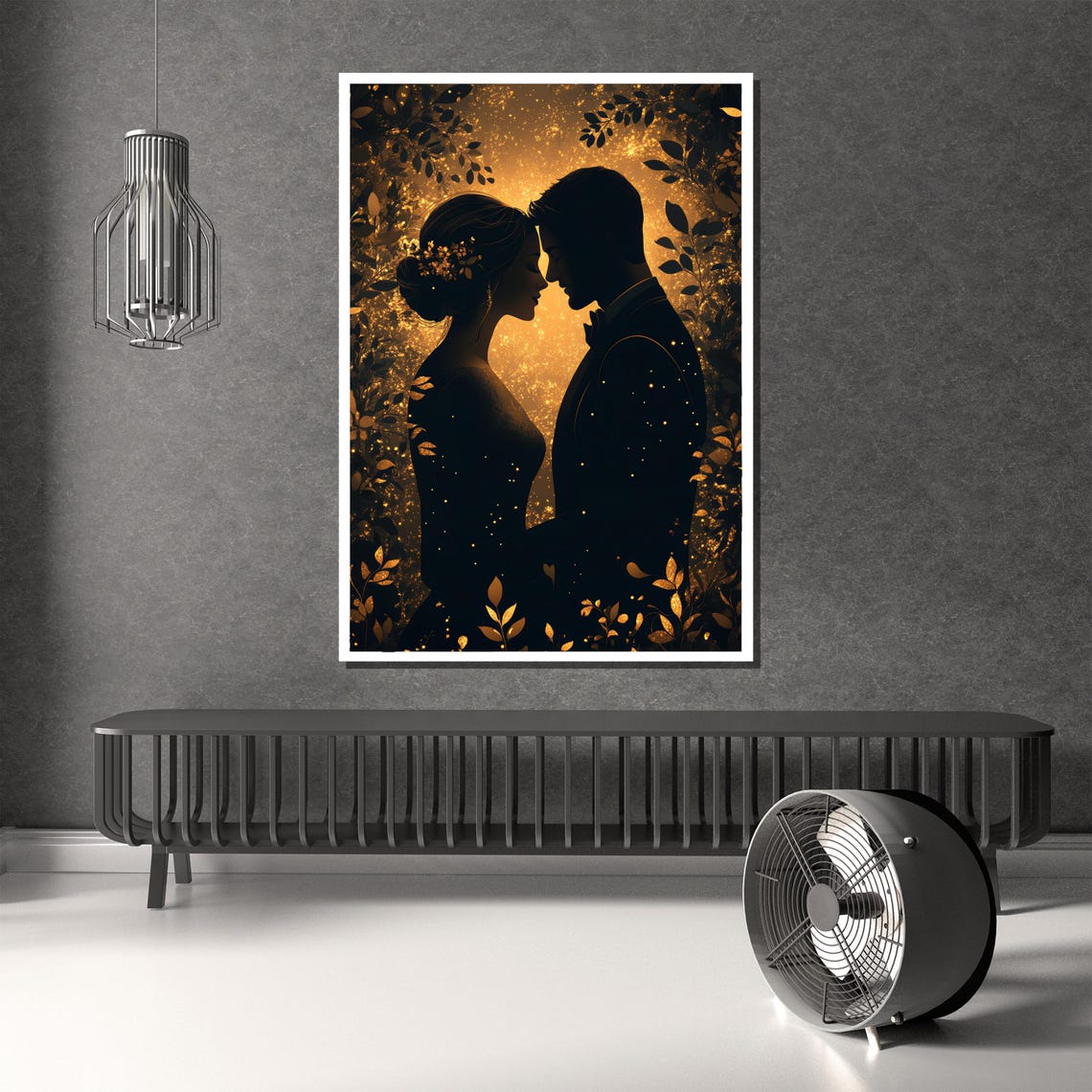 Golden Glow Romantic Couple Silhouette Elegant Evening Art Poster - Image 3