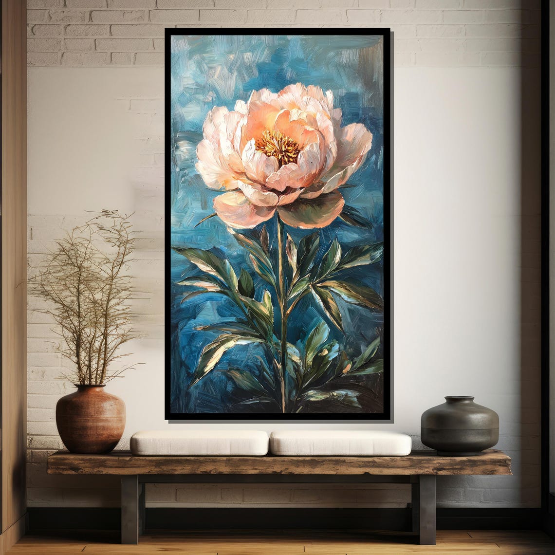 Blush Pink Peony Bloom On Deep Teal Blue Painterly Art Poster - Image 4