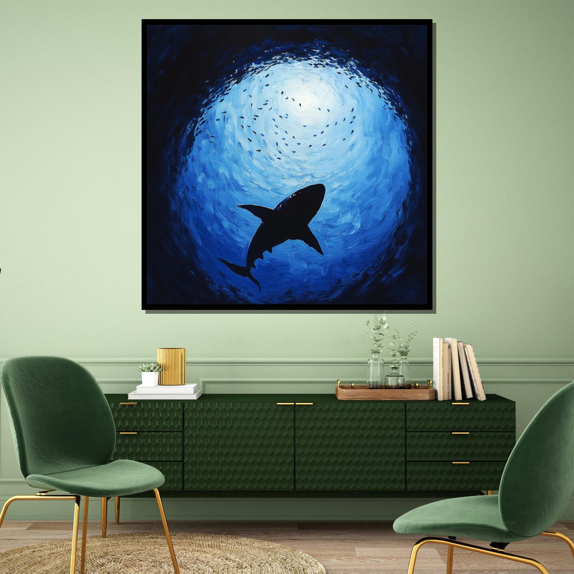 Shark Silhouette Gliding Through a Deep Blue Ocean Swirl Poster - Image 4