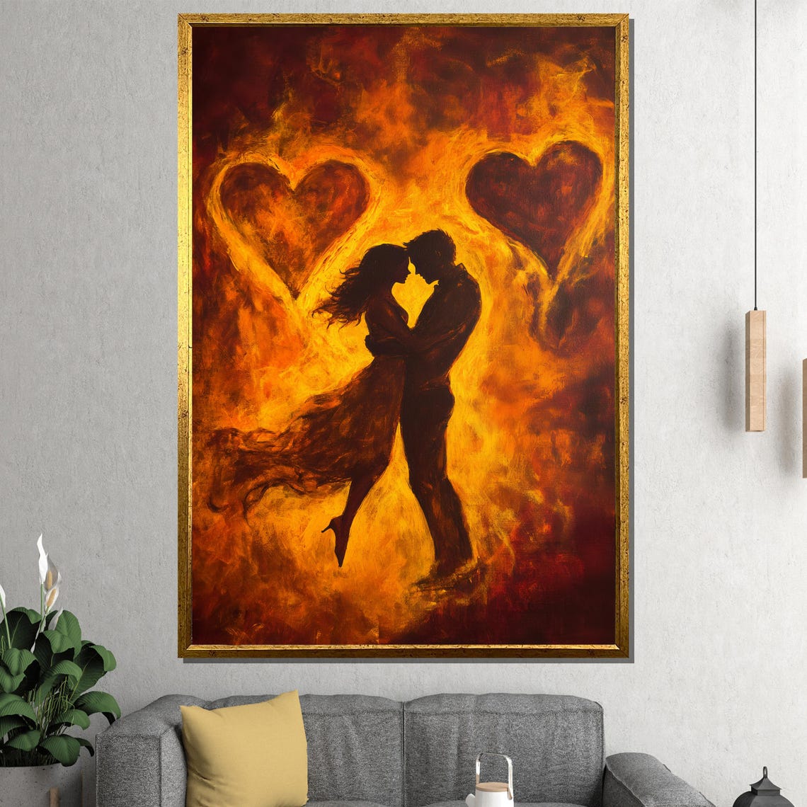 Fiery Heart Passion Couple Flames Silhouette Dramatic Art Poster