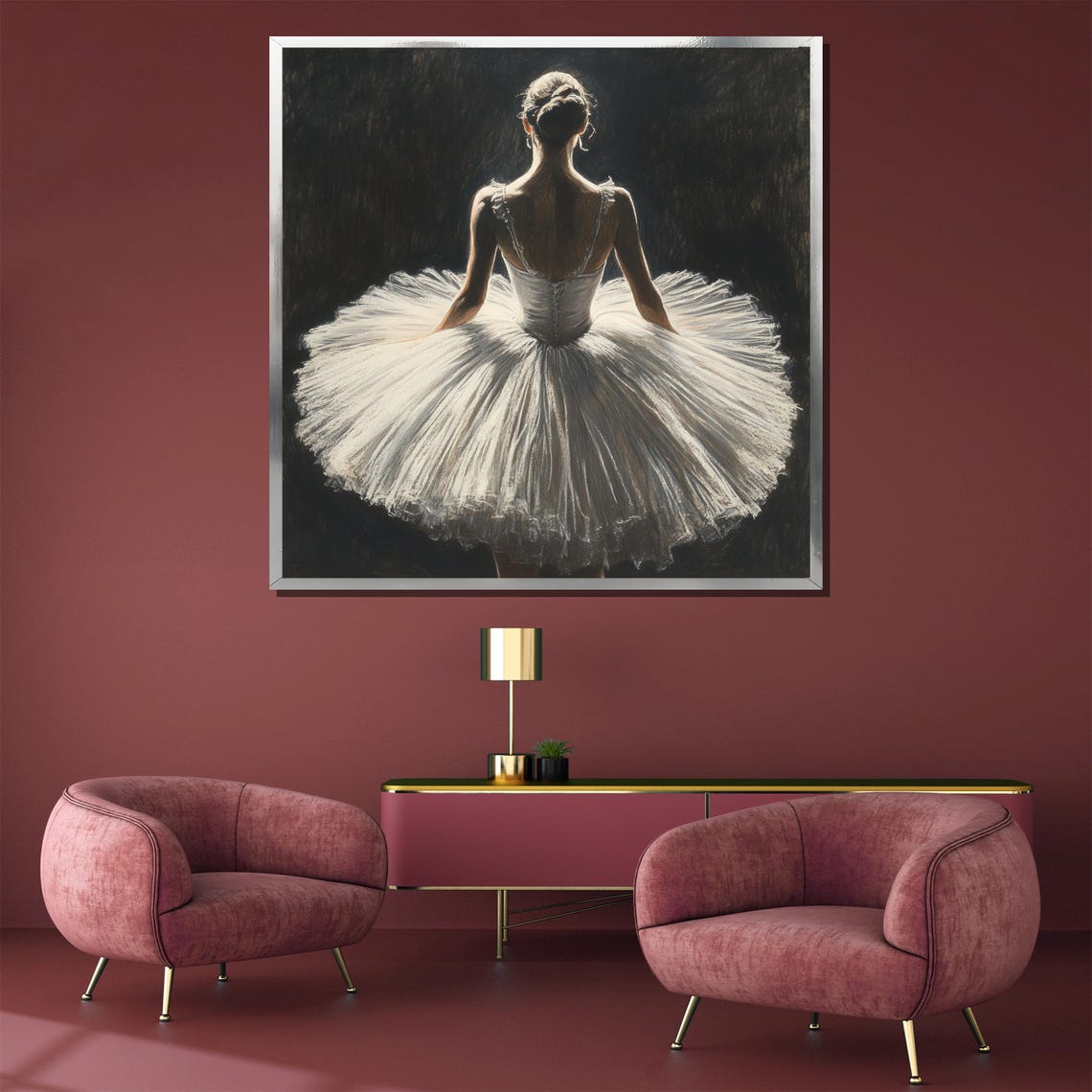 Seated Ballerina in Glowing White Tutu on Dark Stage Painterly Poster - Image 3