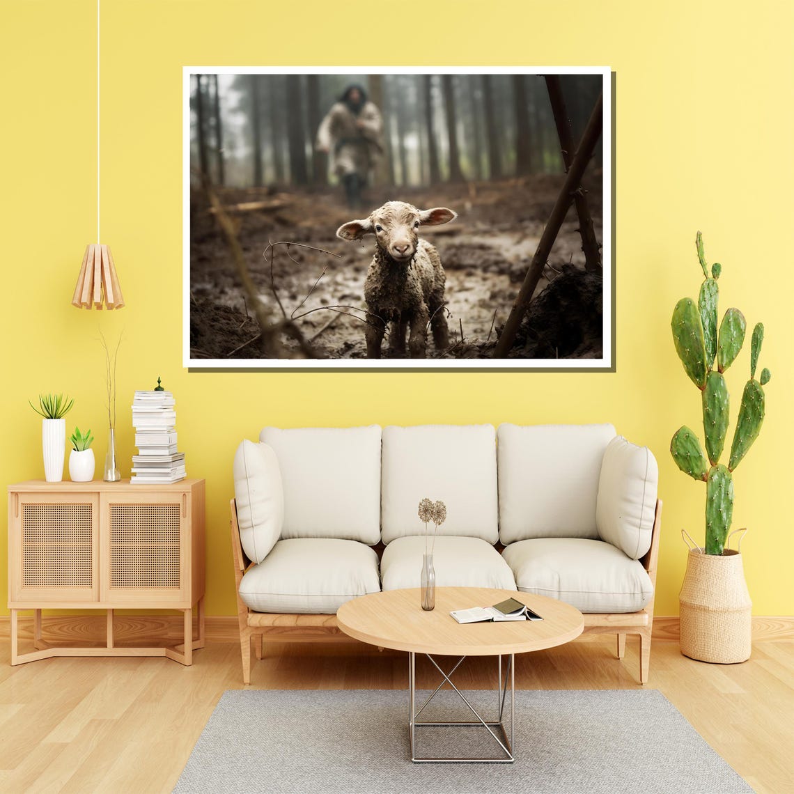 Muddy Lamb in Forest Path Shepherd Behind Christian Art Poster - Image 4