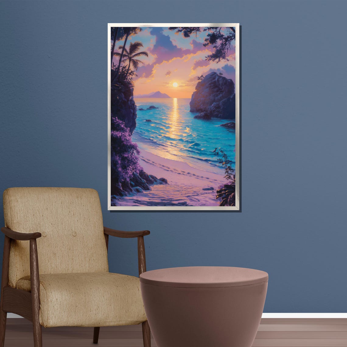 Tropical Sunset Cove Rocky Cliffs Bougainvillea Beach Poster - Image 3