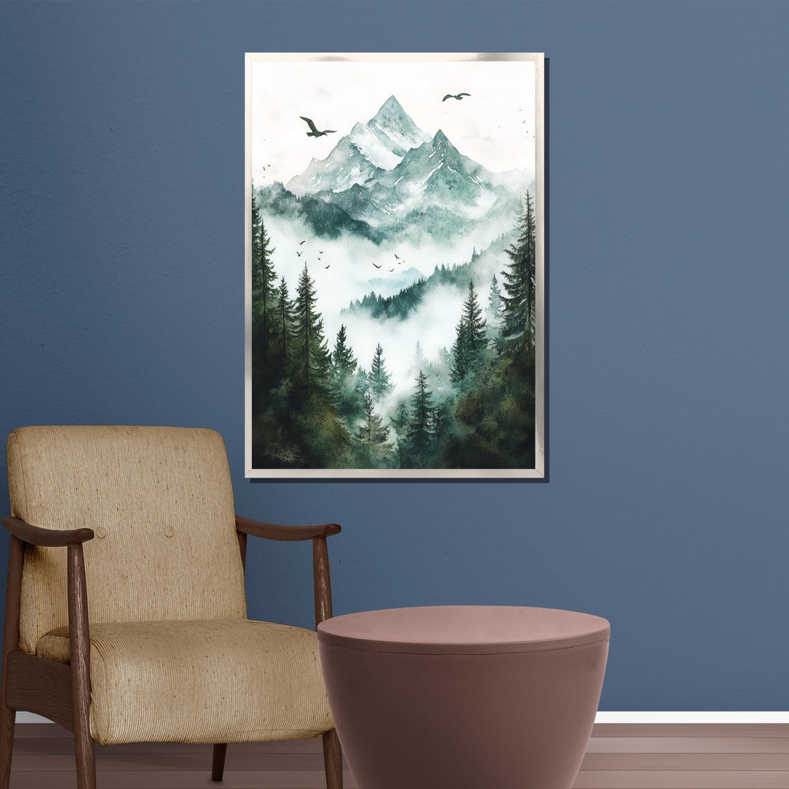 Misty Mountain Forest With Birds Watercolor Nature Art Poster - Image 3