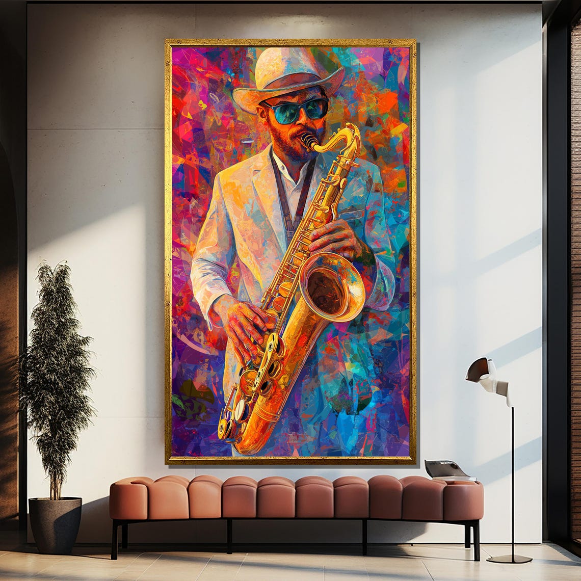 Colorful Jazz Saxophonist in White Hat and Sunglasses Poster