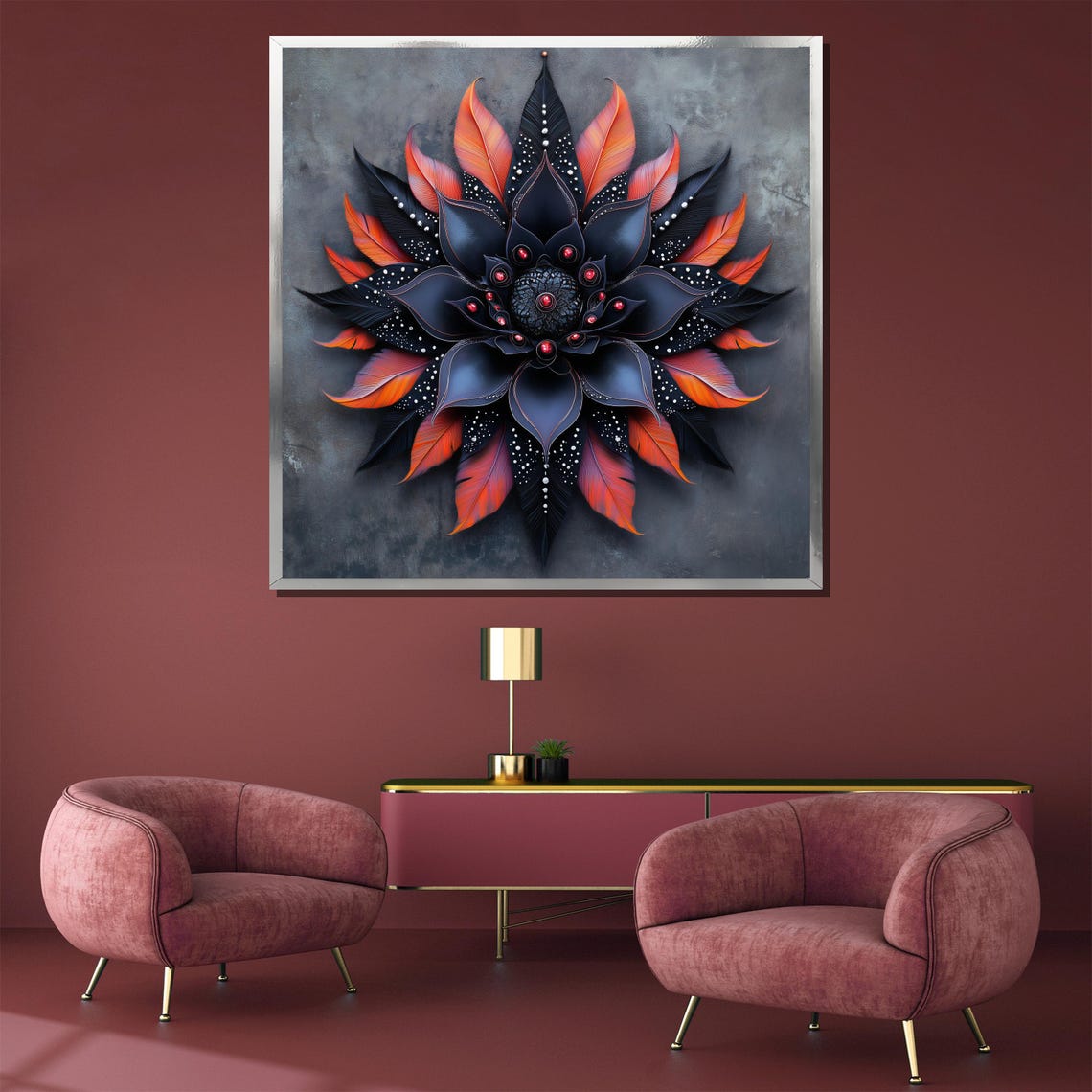 Black And Fiery Red Mandala Bloom Abstract Floral Art Poster - Image 3