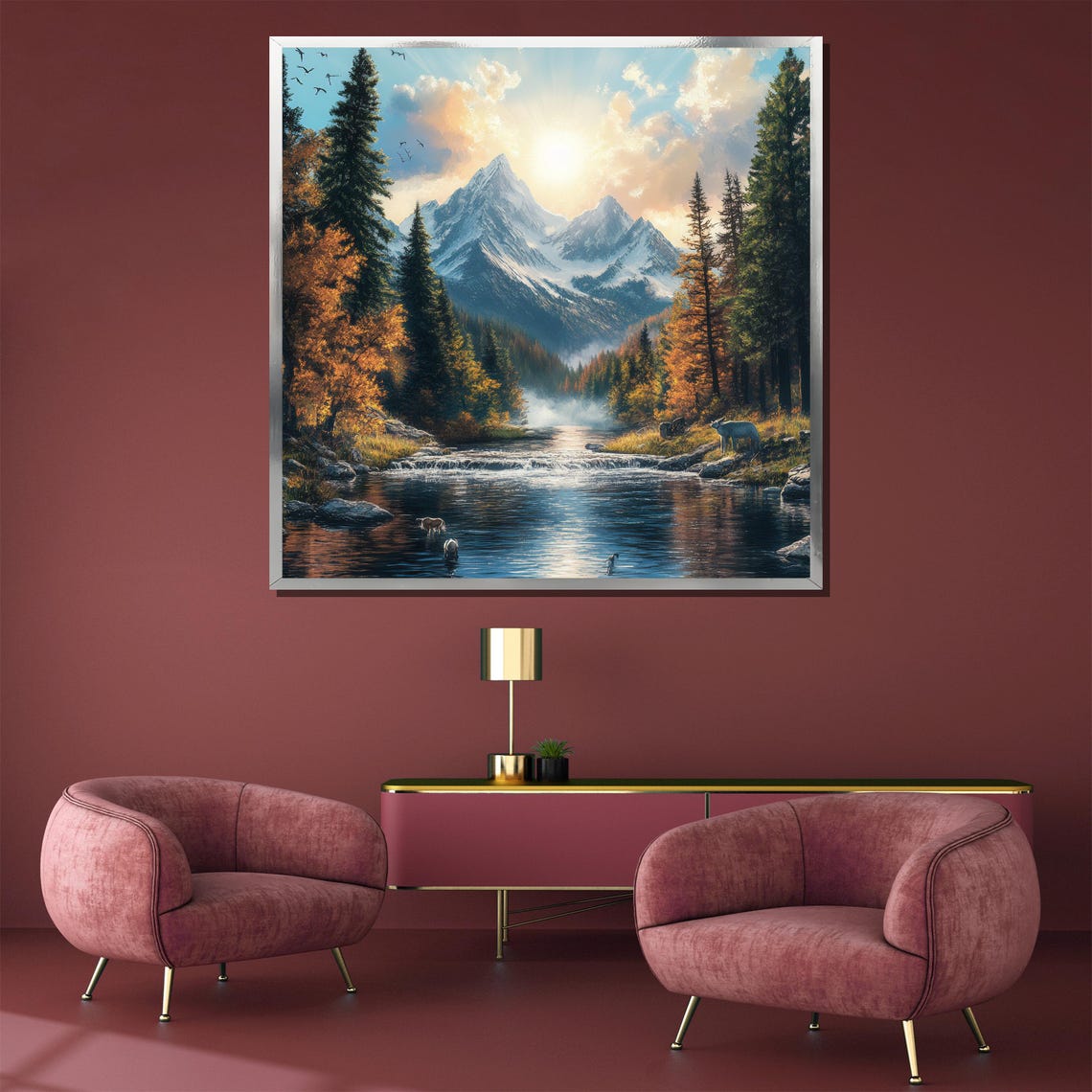 Mountain River Waterfall Autumn Forest Wildlife Scenic Poster - Image 3