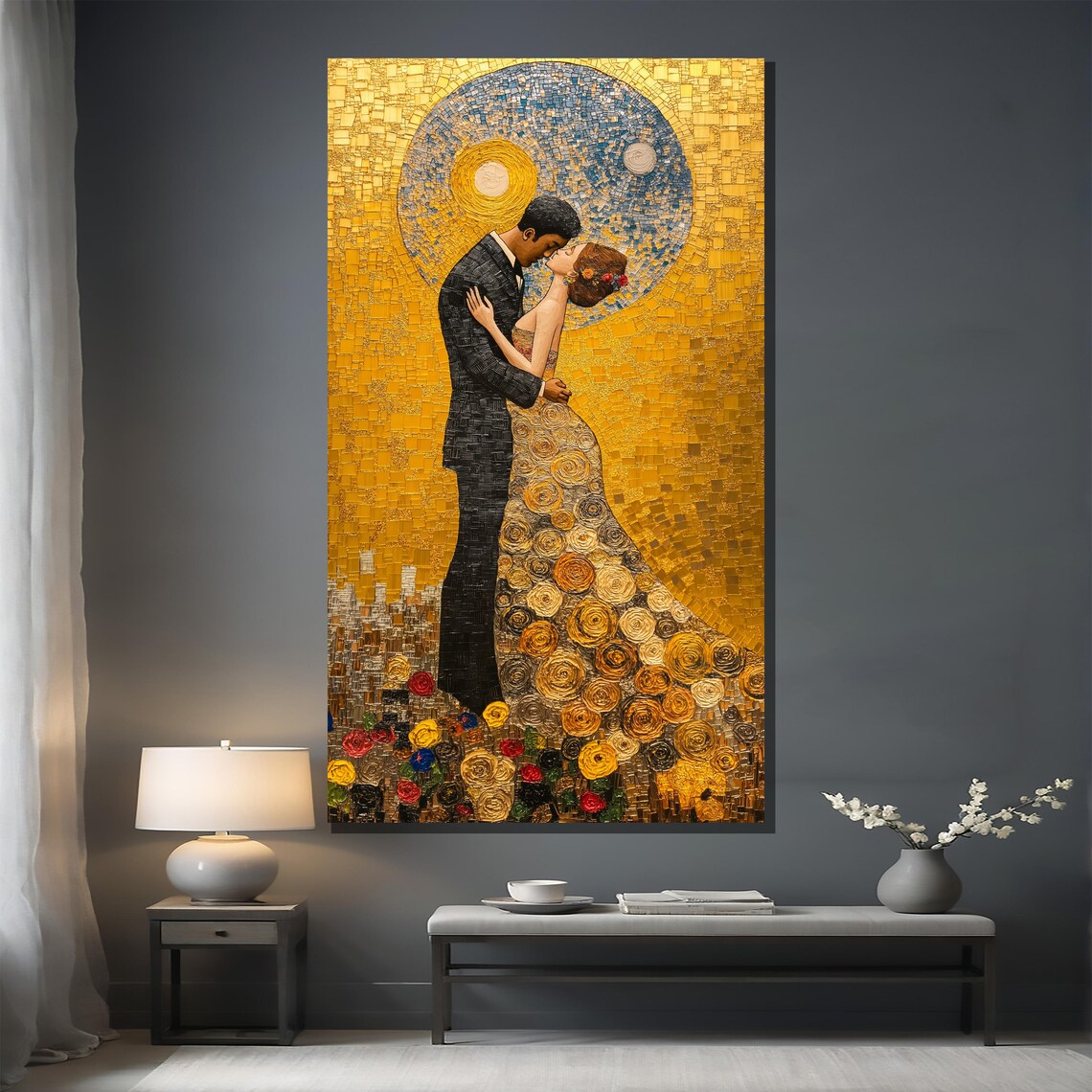 Golden Mosaic Kiss Wedding Couple Klimt Style Romantic Art Poster - Image 2