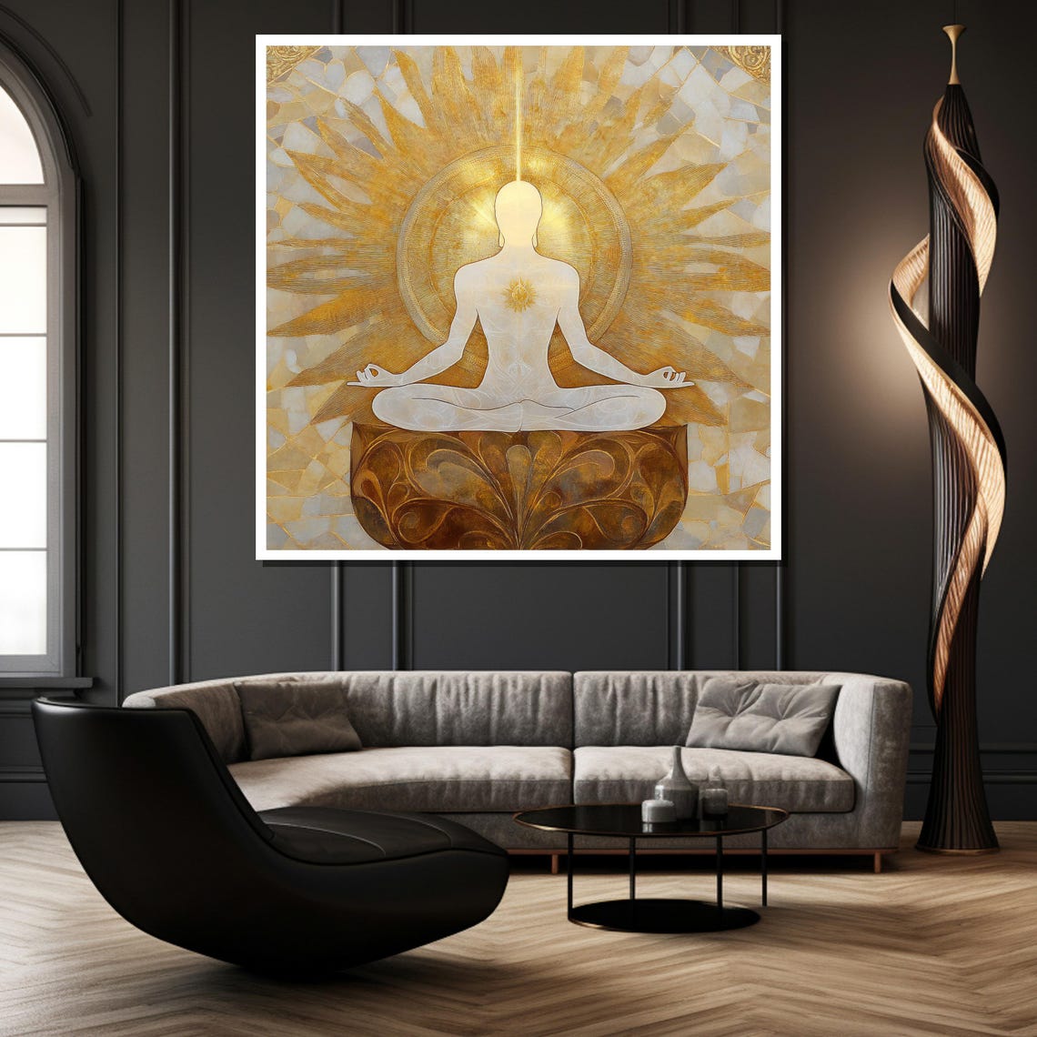 White Meditator Silhouette in a Golden Sunburst Mosaic Poster - Image 2