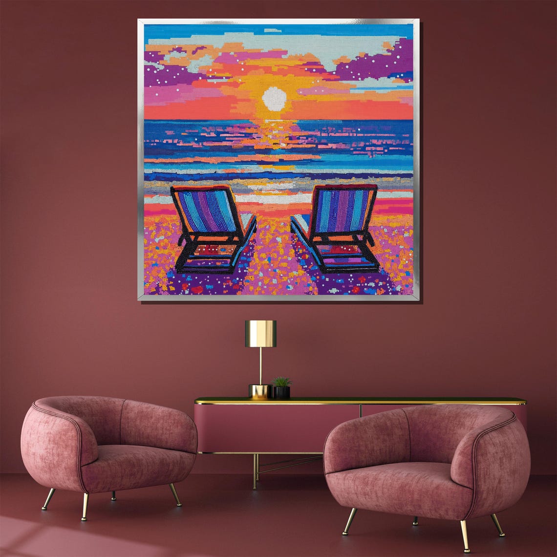 Stunning Pop Art Beach Chairs Neon Sunset Ocean Scene Poster - Image 3