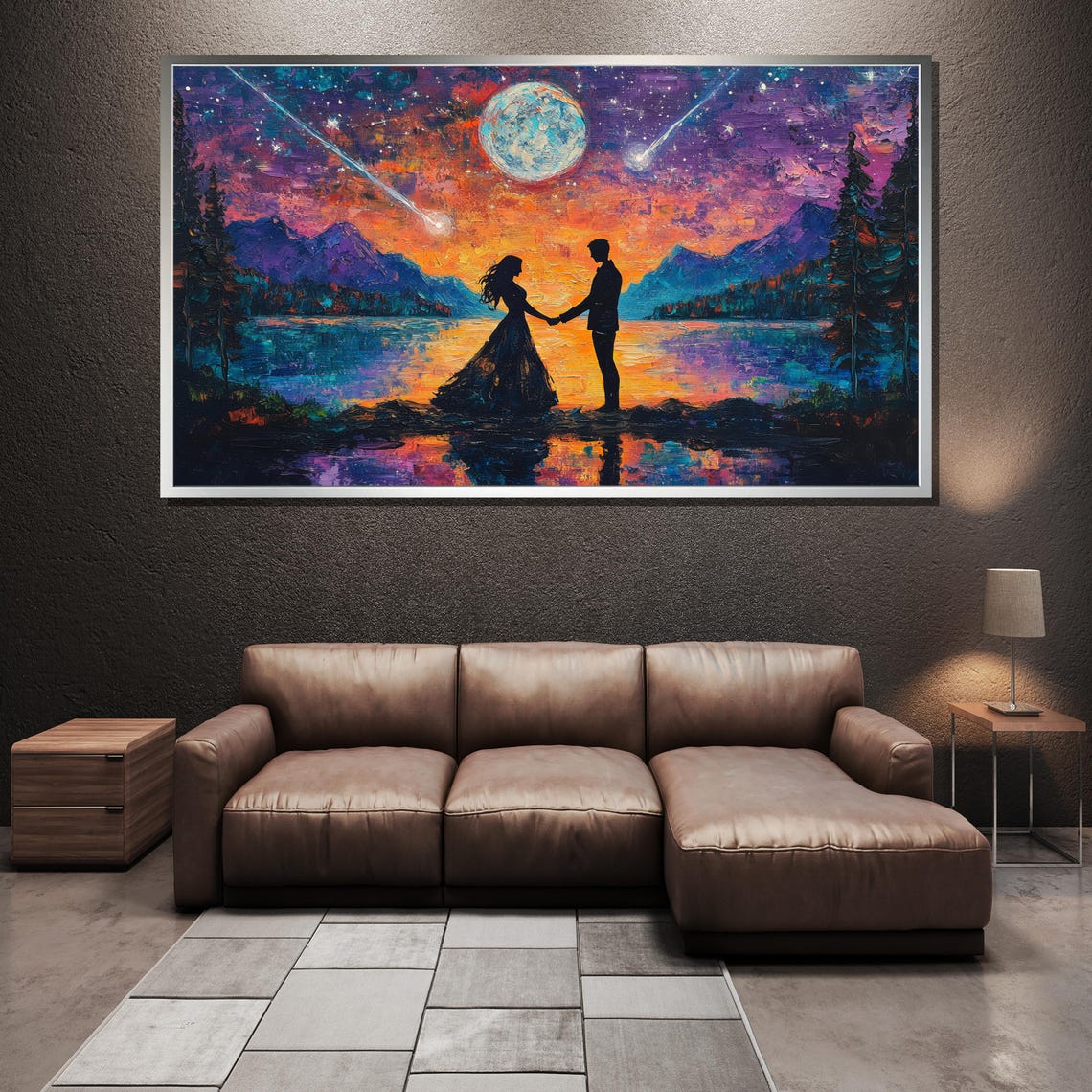 Romantic Starry Night Couple Moonlit Lake Shooting Stars Poster - Image 4