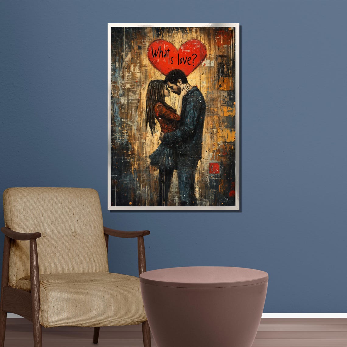 What Is Love Red Heart Painting Romantic Embracing Couple Poster - Image 5