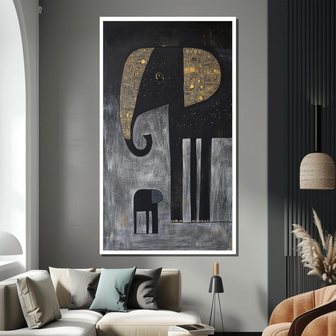 Minimalist Elephant Mother and Calf in Black and Gold Poster - Image 2