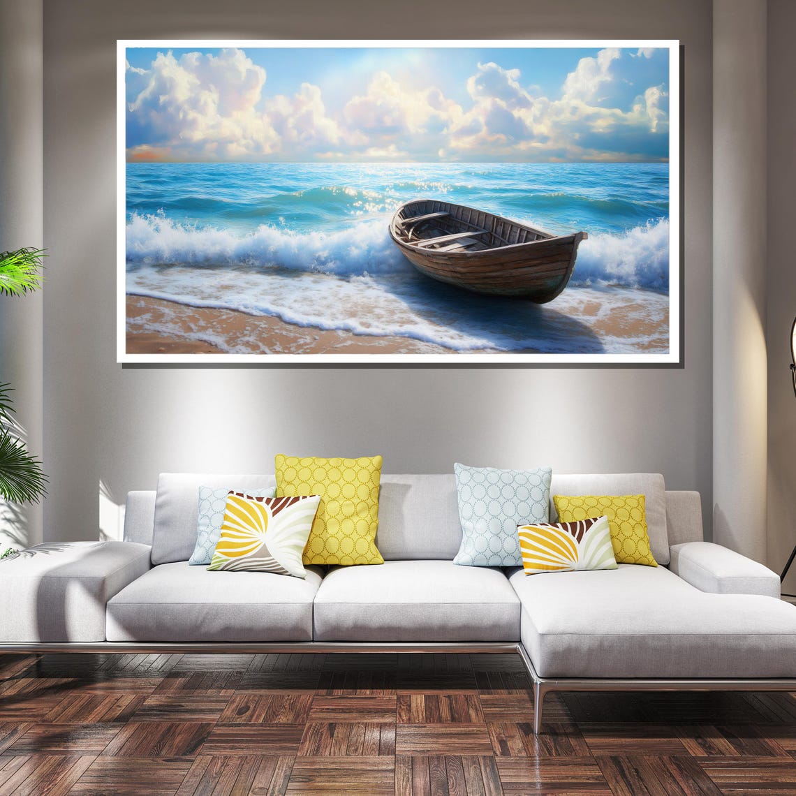 Wooden Boat on Shore Turquoise Ocean Waves Scene Coastal Poster - Image 2