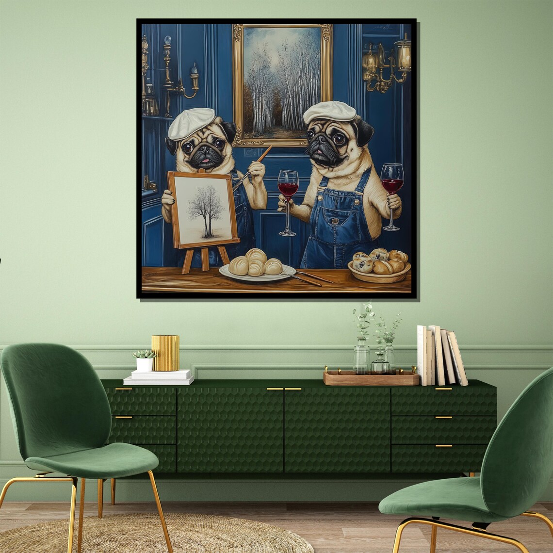 Pug Artists Painting Wine And Cheese French Studio Funny Poster - Image 4