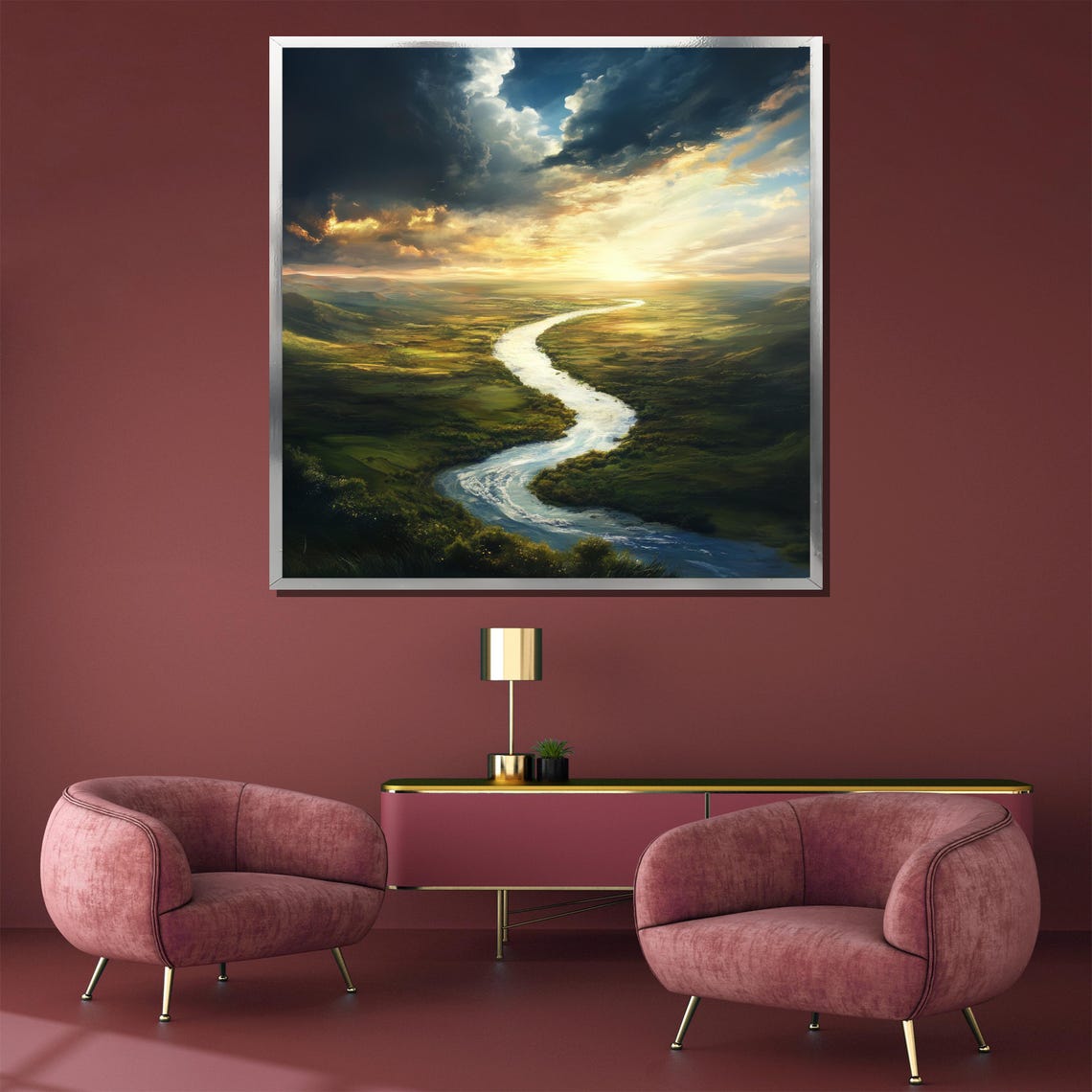 Golden Horizon Winding River Valley Sunset Landscape Artwork Poster - Image 3