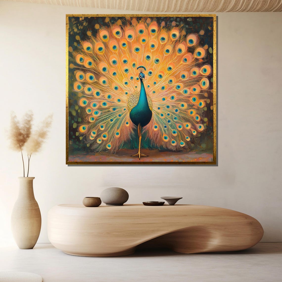 Golden Peacock Full Feather Fan Glowing Garden Setting Art Poster