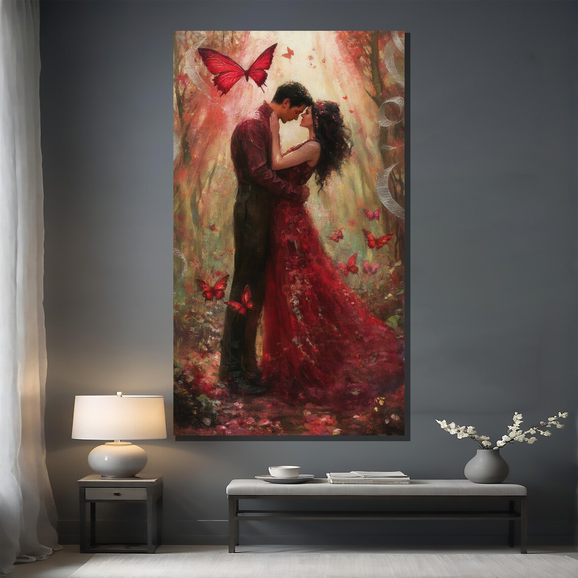 Romantic Kiss Couple in Red Dress Surrounded by Butterflies Poster - Image 2