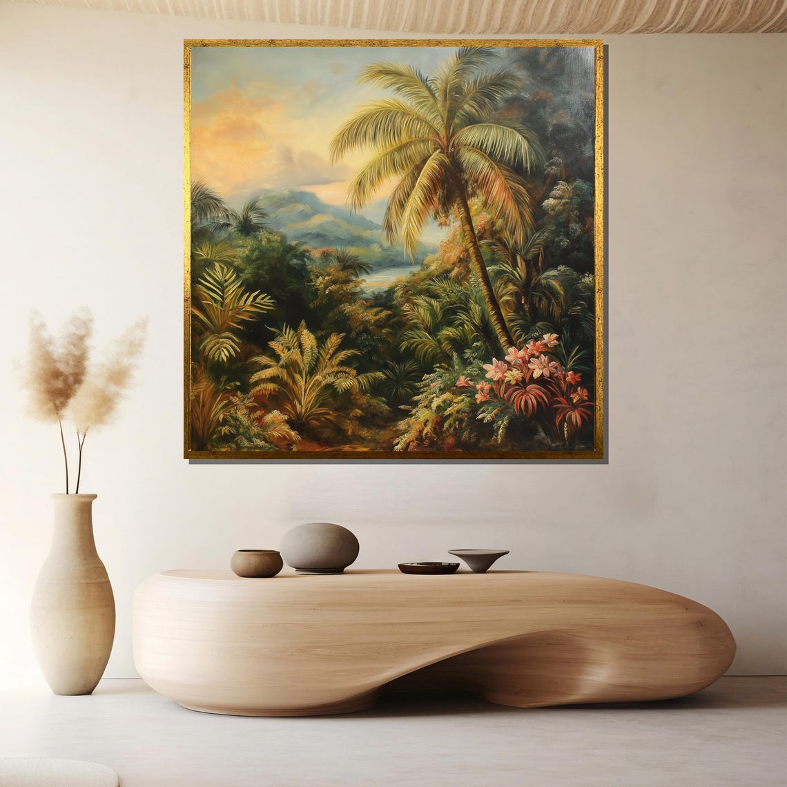 Lush Tropical Jungle Palm Trees and Misty Mountains Artwork Poster